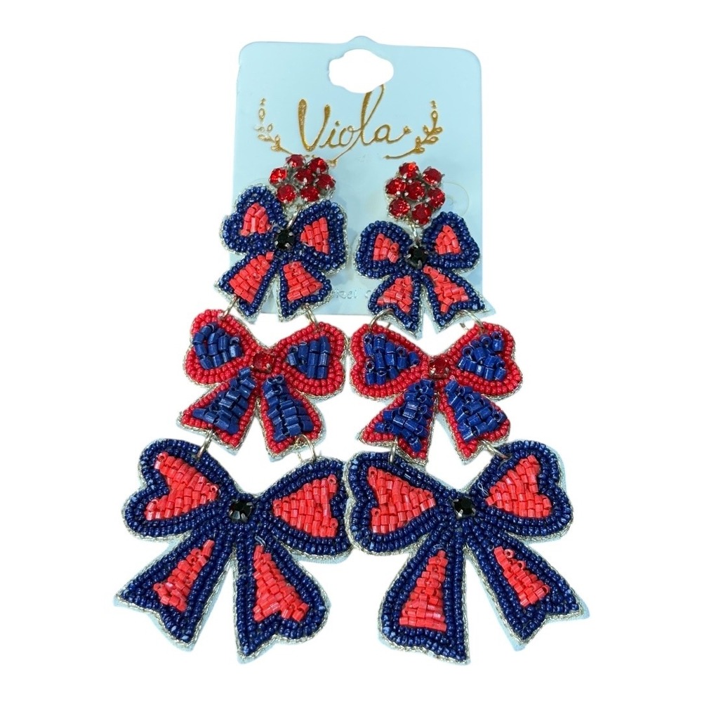 Viola Beaded Bow Earrings OS Red Navy Blue Tiered Statement Patriotic Dangle NEW